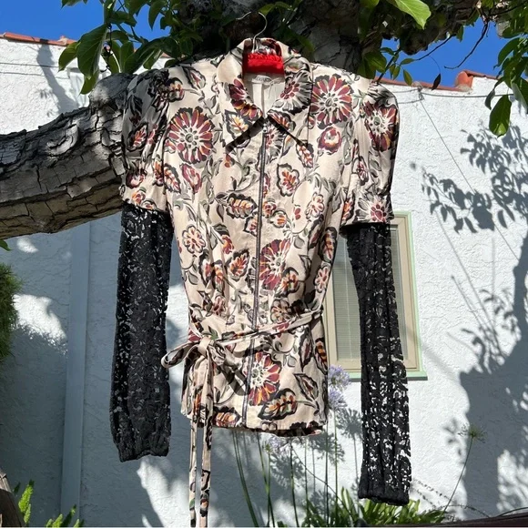 Rodarte White and Burgundy Floral Print Silk Charmeuse Blouse with Collar | FW16 - Picture 3 of 16